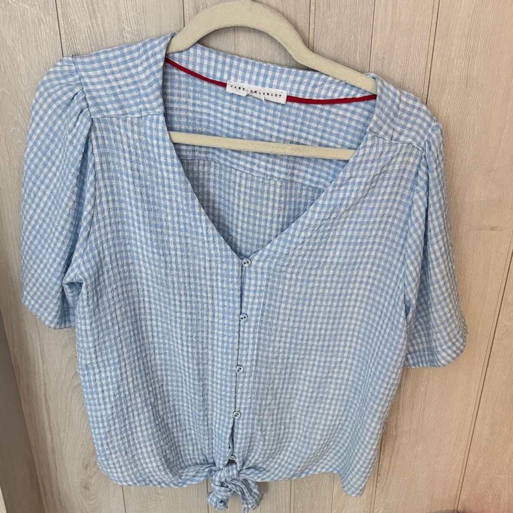 Blue Checkered Button-Up Blouse